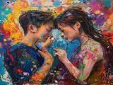 爱妻艺海角夫妻共创艺术大作课，两人在大幅画布前分工协作创作抽象艺术，色彩丰富热烈