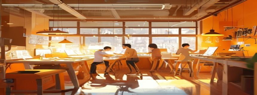 爱妻艺海角工作室内景，温暖橙色灯光照亮多个艺术工作台，夫妻们正在专注创作，氛围温馨而充满活力