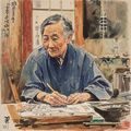 爱妻艺海角版画导师方远山，专注地在版画台前工作，表情认真而温和