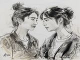 爱妻艺海角素描肖像互画课，两人面对面专注地为对方素描，画面安静而温情