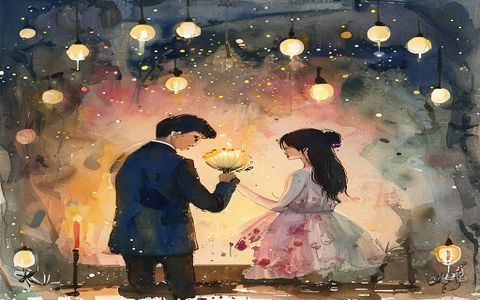 爱妻艺海角结婚十周年纪念案例，夫妻在烛光下共同完成一幅大幅水彩画，画面温暖感人